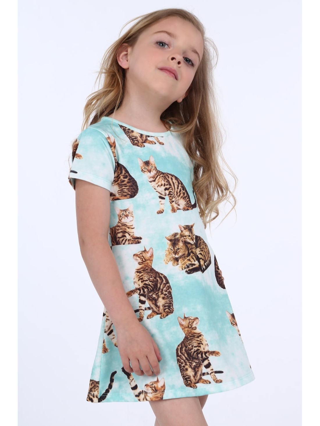 Girls\' dress with cats, mint NDZ8164 - Online store - Boutique